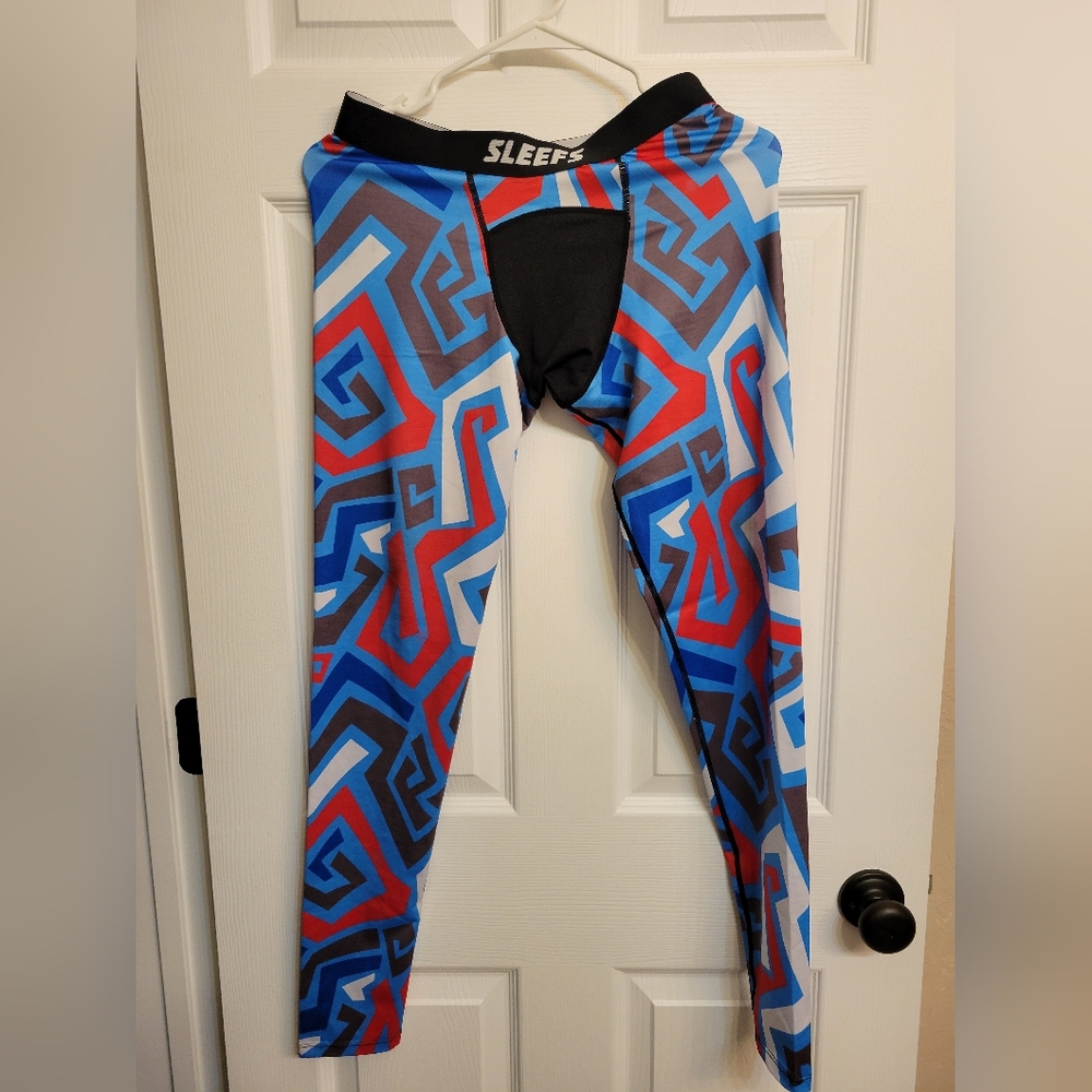 Red, white, and blue geometric leggings.